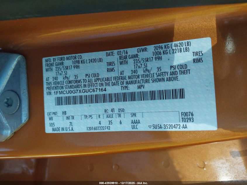 2016 Ford Escape Se VIN: 1FMCU0G7XGUC67164 Lot: 43939910