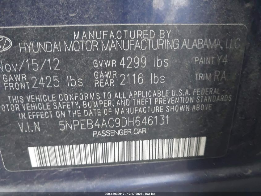 2013 Hyundai Sonata Gls VIN: 5NPEB4AC9DH646131 Lot: 43939912