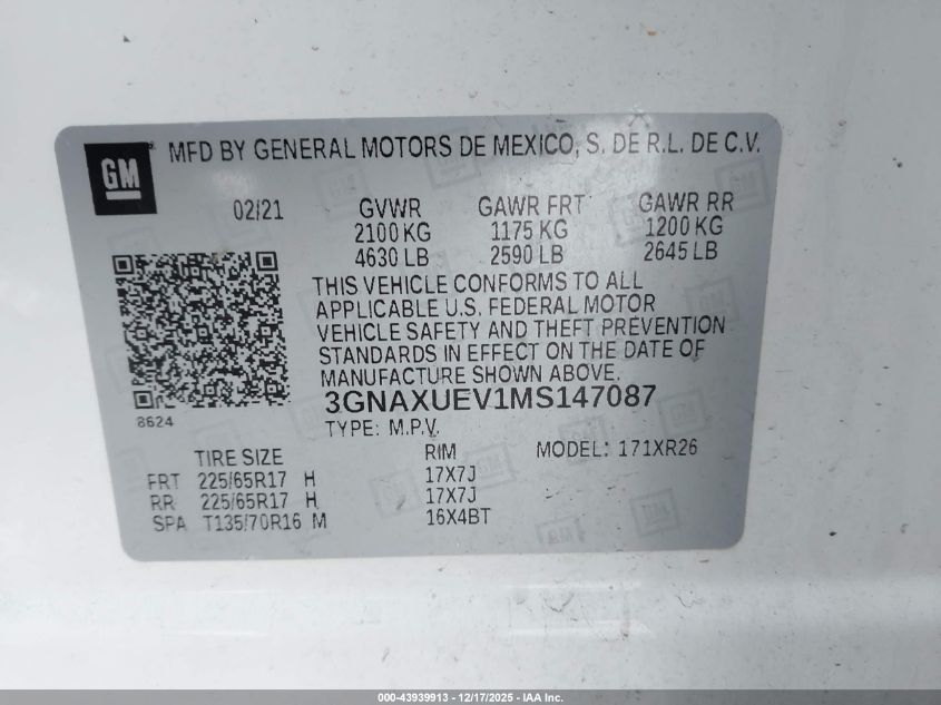 2021 Chevrolet Equinox Awd Lt VIN: 3GNAXUEV1MS147087 Lot: 43939913