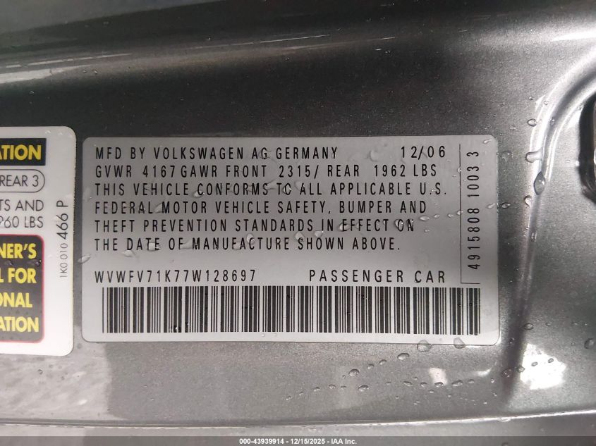 2007 Volkswagen Gti 2-Door VIN: WVWFV71K77W128697 Lot: 43939914