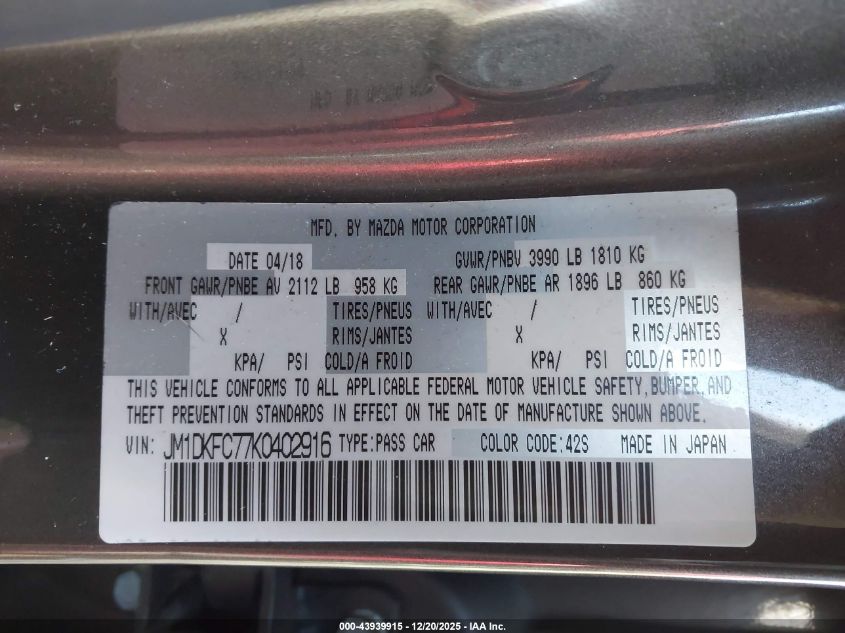 2019 Mazda Cx-3 Touring VIN: JM1DKFC77K0402916 Lot: 43939915