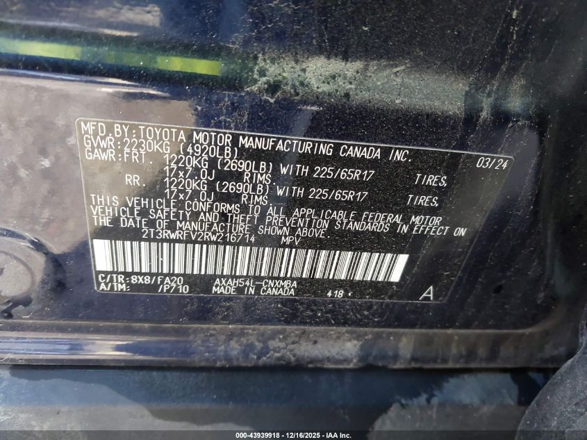 2024 Toyota Rav4 Hybrid Xle VIN: 2T3RWRFV2RW216714 Lot: 43939918