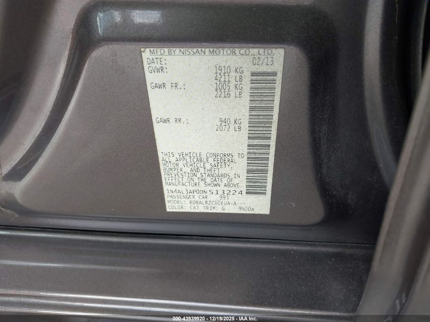 2013 Nissan Altima 2.5 S VIN: 1N4AL3AP0DN513224 Lot: 43939920