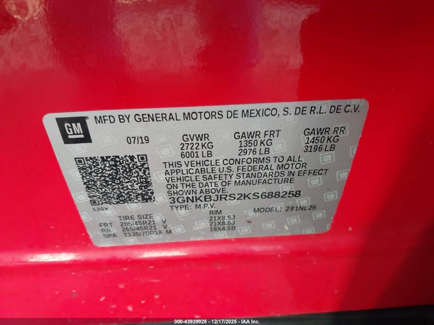 2019 Chevrolet Blazer Rs VIN: 3GNKBJRS2KS688258 Lot: 43939928