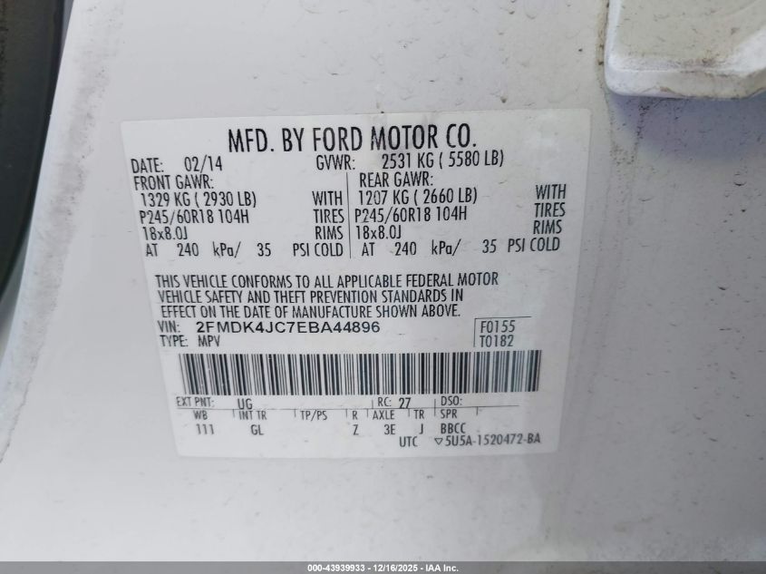 2014 Ford Edge Sel VIN: 2FMDK4JC7EBA44896 Lot: 43939933