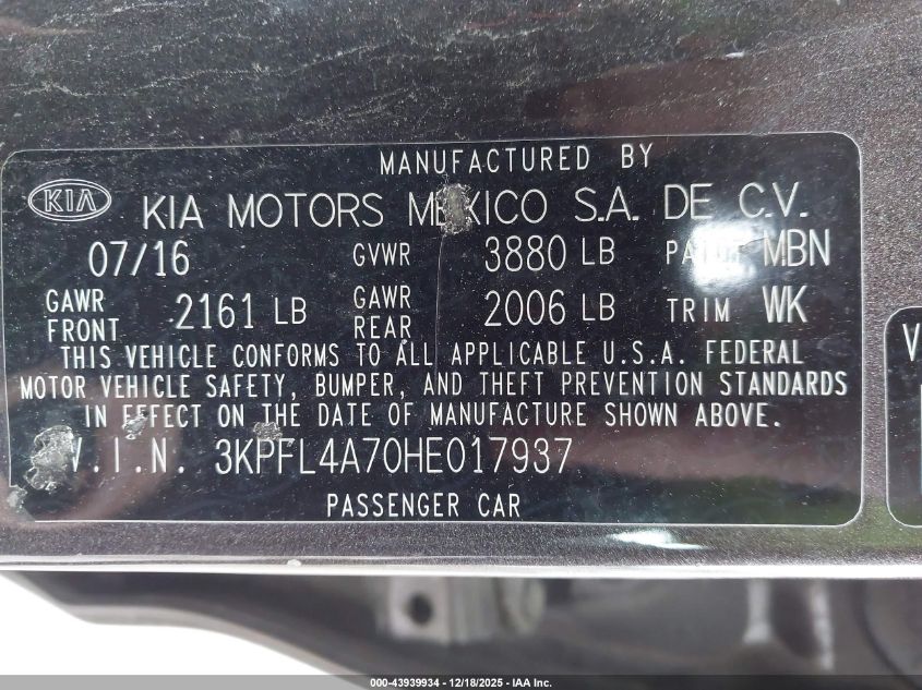 2017 Kia Forte Lx VIN: 3KPFL4A70HE017937 Lot: 43939934
