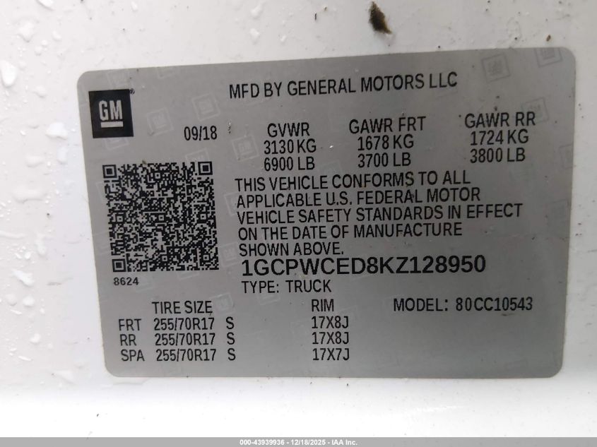 2019 Chevrolet Silverado 1500 Lt VIN: 1GCPWCED8KZ128950 Lot: 43939936