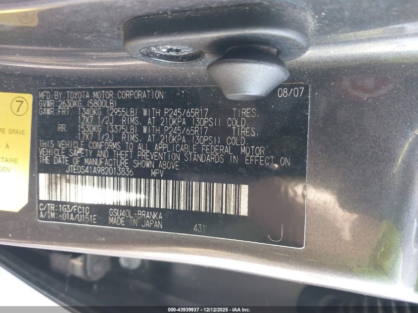 2008 Toyota Highlander VIN: JTEDS41A982013836 Lot: 43939937