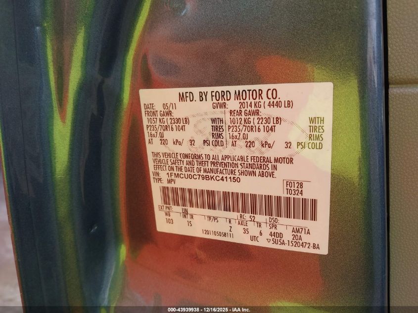 2011 Ford Escape Xls VIN: 1FMCU0C79BKC41150 Lot: 43939938