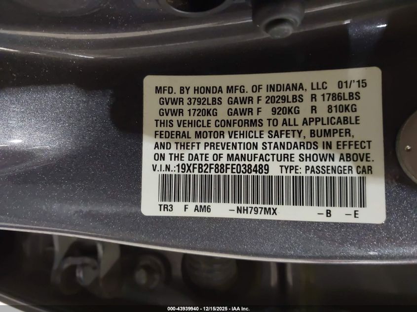 2015 Honda Civic Ex VIN: 19XFB2F88FE038489 Lot: 43939940
