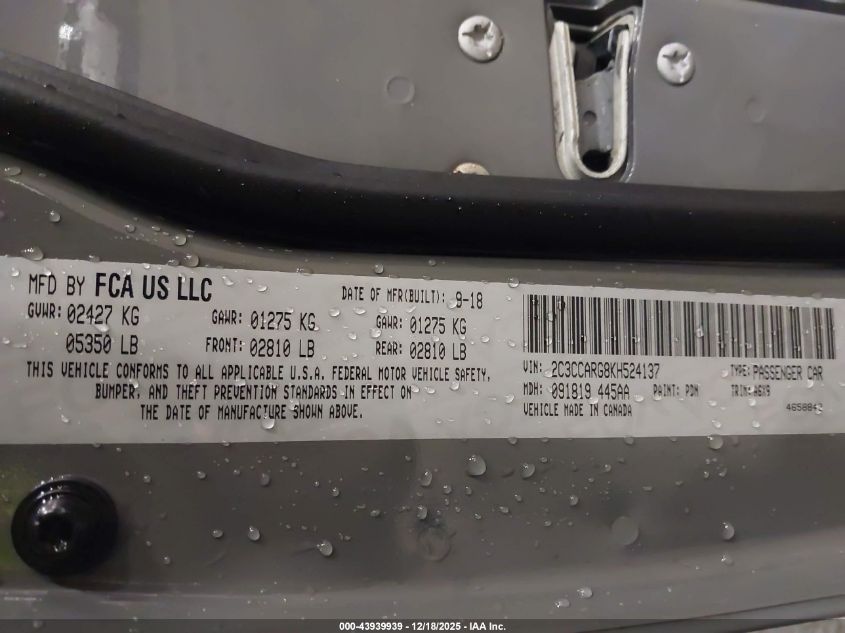 2019 Chrysler 300 Touring L Awd VIN: 2C3CCARG8KH524137 Lot: 43939939