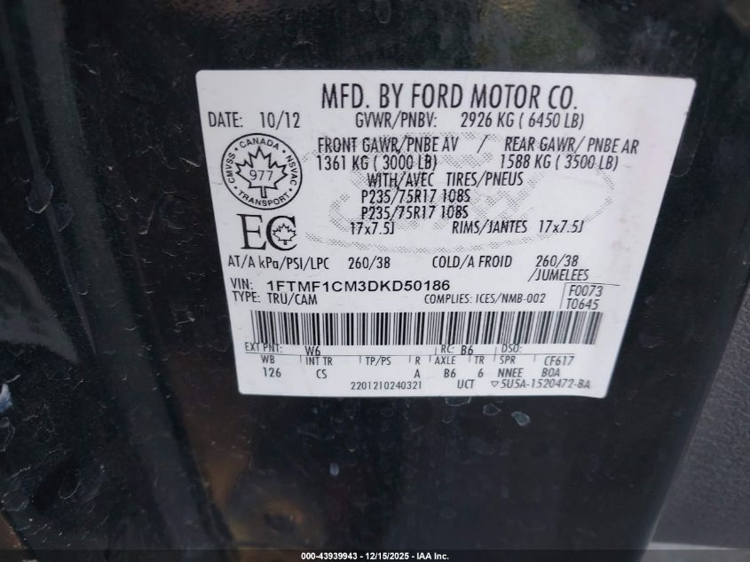 2013 Ford F-150 Xl VIN: 1FTMF1CM3DKD50186 Lot: 43939943