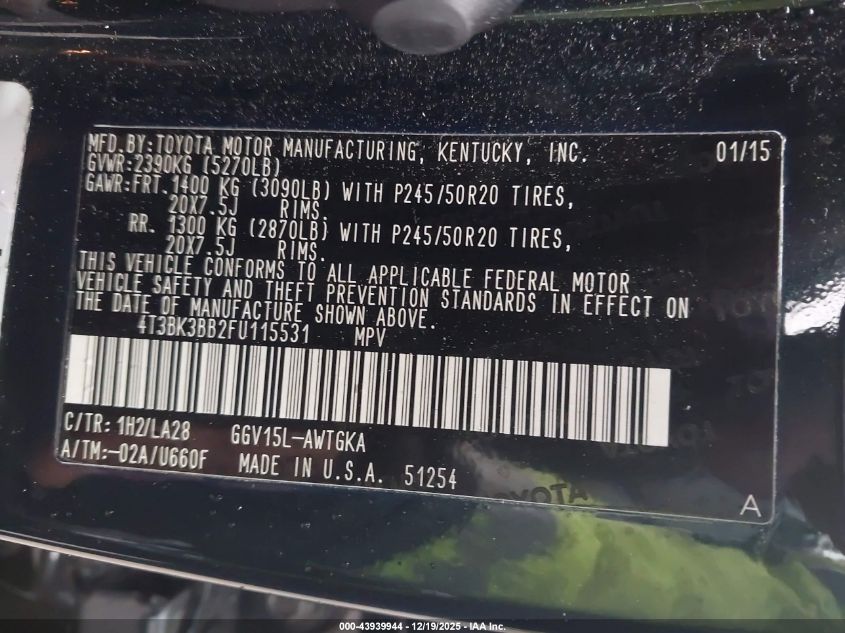 2015 Toyota Venza Le/Xle/Limited VIN: 4T3BK3BB2FU115531 Lot: 43939944