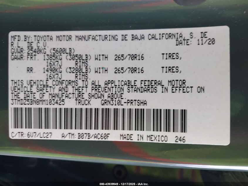 2021 Toyota Tacoma Trd Off-Road VIN: 3TMDZ5BN8MM103425 Lot: 43939949