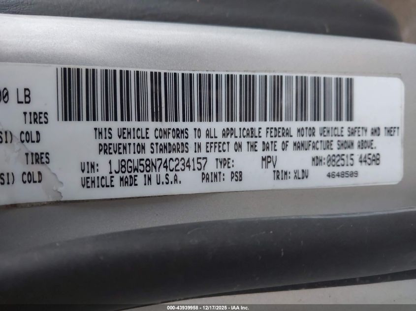 2004 Jeep Grand Cherokee Limited VIN: 1J8GW58N74C234157 Lot: 43939958