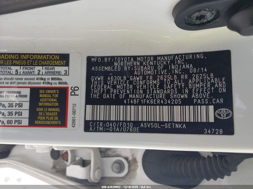 2014 Toyota Camry Le VIN: 4T4BF1FK6ER434205 Lot: 43939962