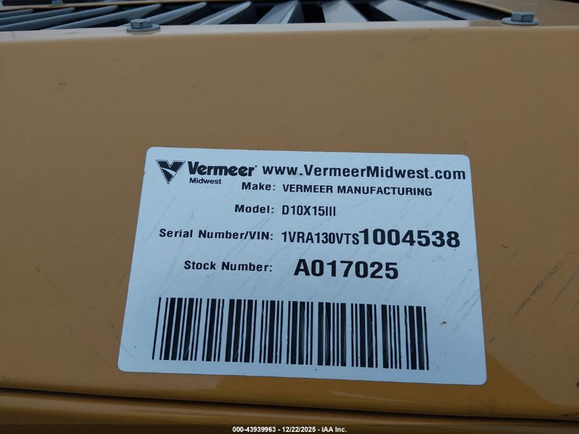 2025 Vermeer Navigator D10X15 Series Iii VIN: 1VRA130VTS1004538 Lot: 43939963