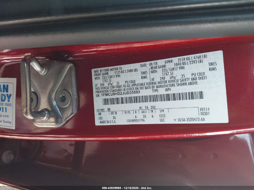 2018 Ford Escape Sel VIN: 1FMCU9HD2JUD33593 Lot: 43939969