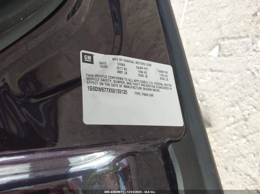 2006 Cadillac Sts V6 VIN: 1G6DW677X60139120 Lot: 43939971