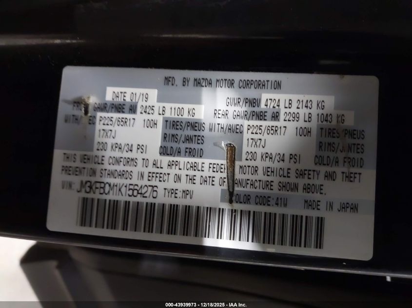 2019 Mazda Cx-5 Touring VIN: JM3KFBCM1K1564276 Lot: 43939973