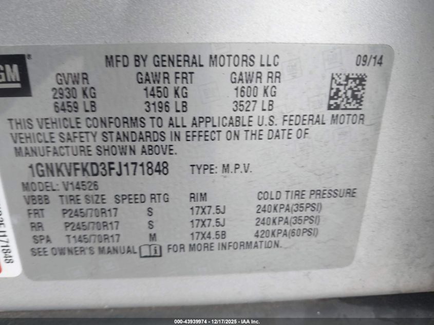 2015 Chevrolet Traverse Ls VIN: 1GNKVFKD3FJ171848 Lot: 43939974