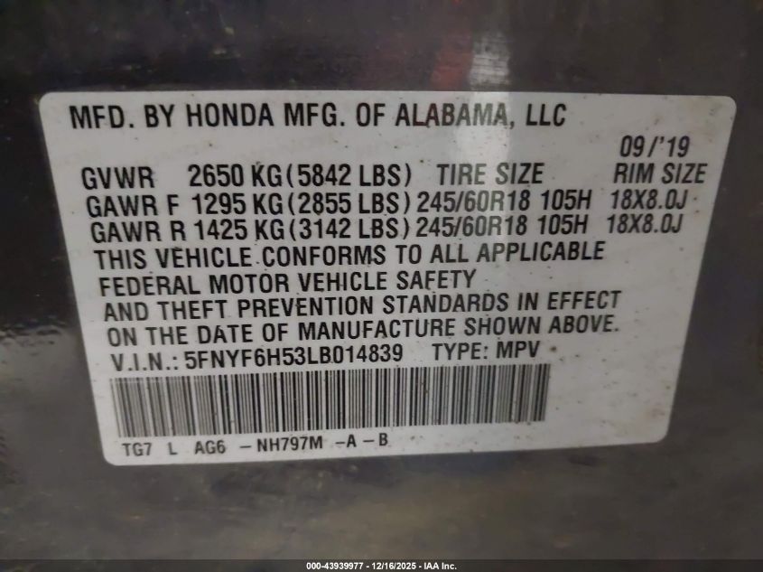 2020 Honda Pilot Awd Ex-L VIN: 5FNYF6H53LB014839 Lot: 43939977