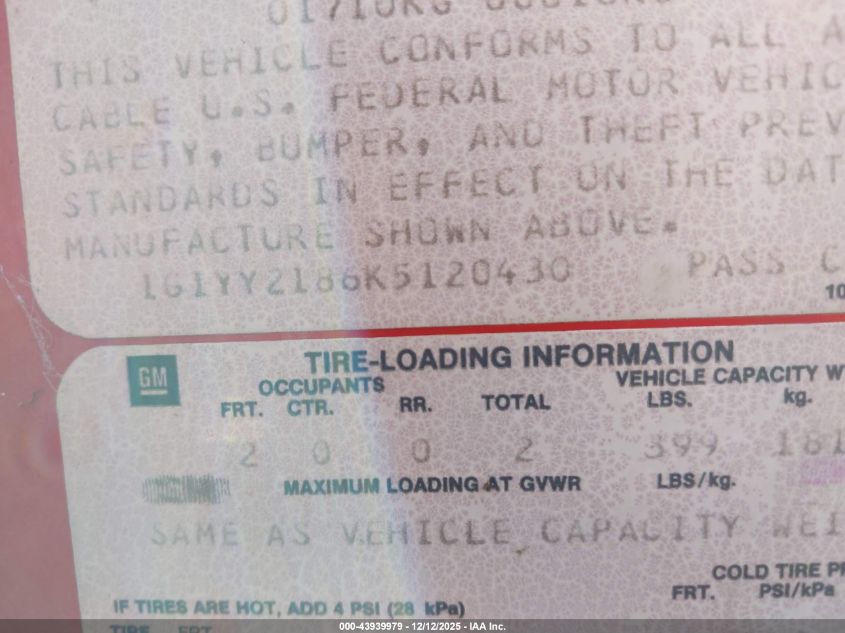 1989 Chevrolet Corvette VIN: 1G1YY2186K5120430 Lot: 43939979