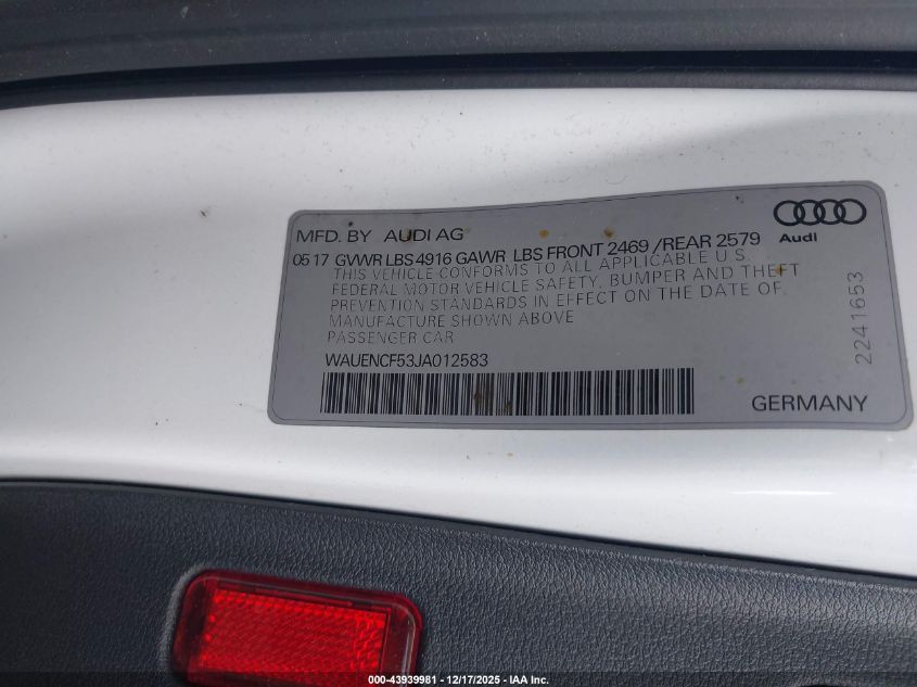 2018 Audi A5 2.0T Premium VIN: WAUENCF53JA012583 Lot: 43939981