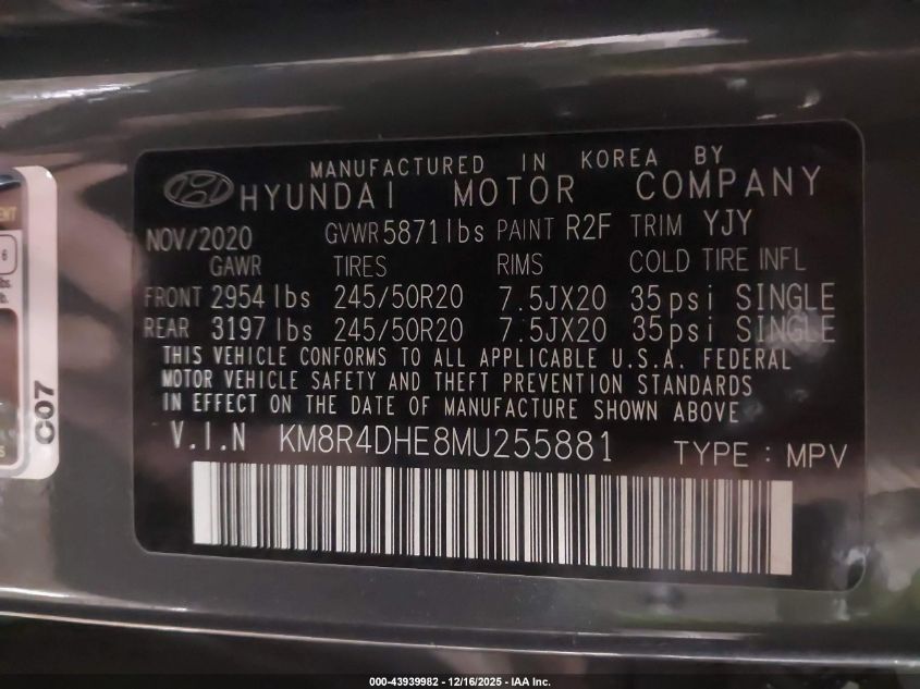 2021 Hyundai Palisade Sel VIN: KM8R4DHE8MU255881 Lot: 43939982