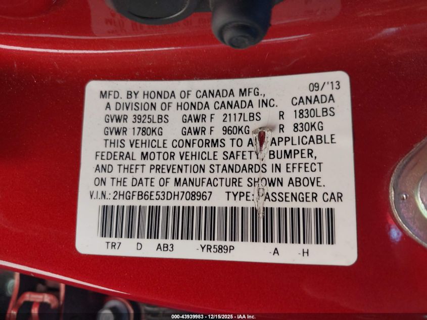 2013 Honda Civic Si VIN: 2HGFB6E53DH708967 Lot: 43939983