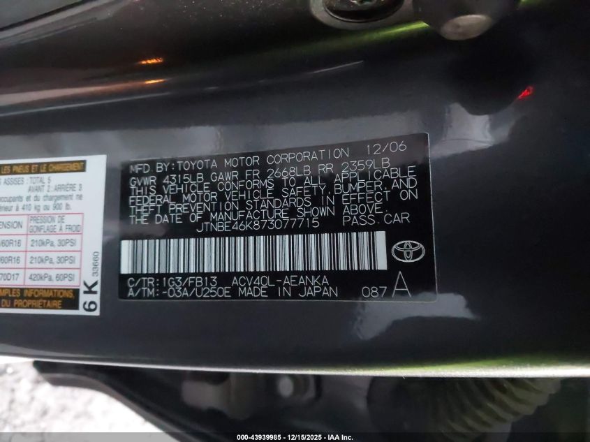 2007 Toyota Camry Le VIN: JTNBE46K873077715 Lot: 43939985