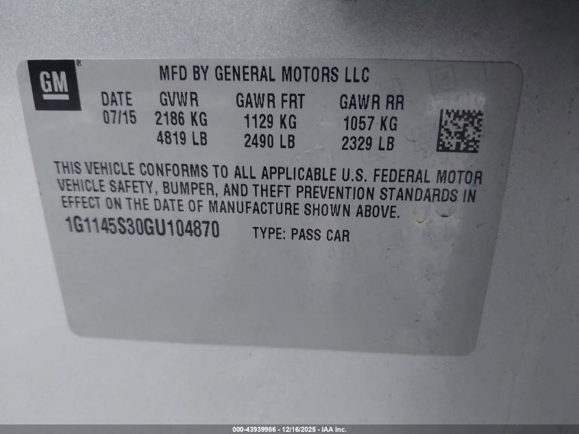 2016 Chevrolet Impala 2Lz VIN: 1G1145S30GU104870 Lot: 43939986
