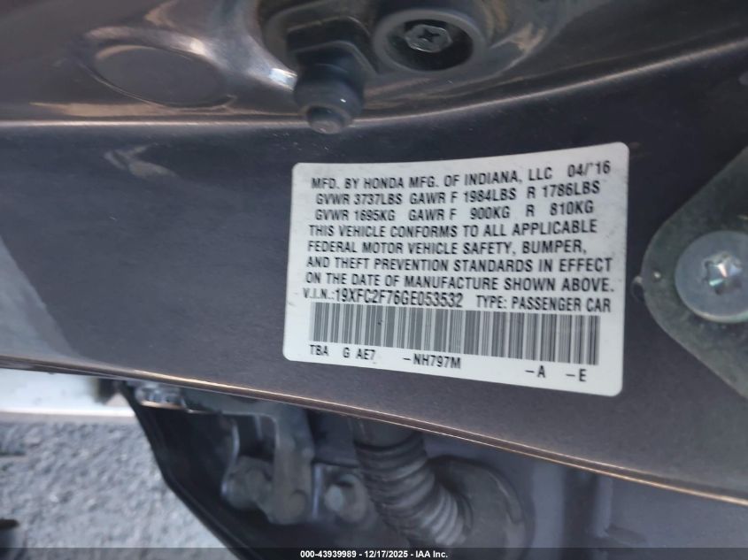 2016 Honda Civic Ex VIN: 19XFC2F76GE053532 Lot: 43939989