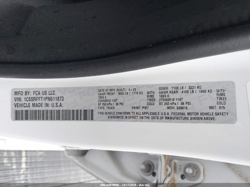 2023 Ram 1500 Big Horn 4X4 5'7 Box VIN: 1C6SRFFT1PN611873 Lot: 43939990