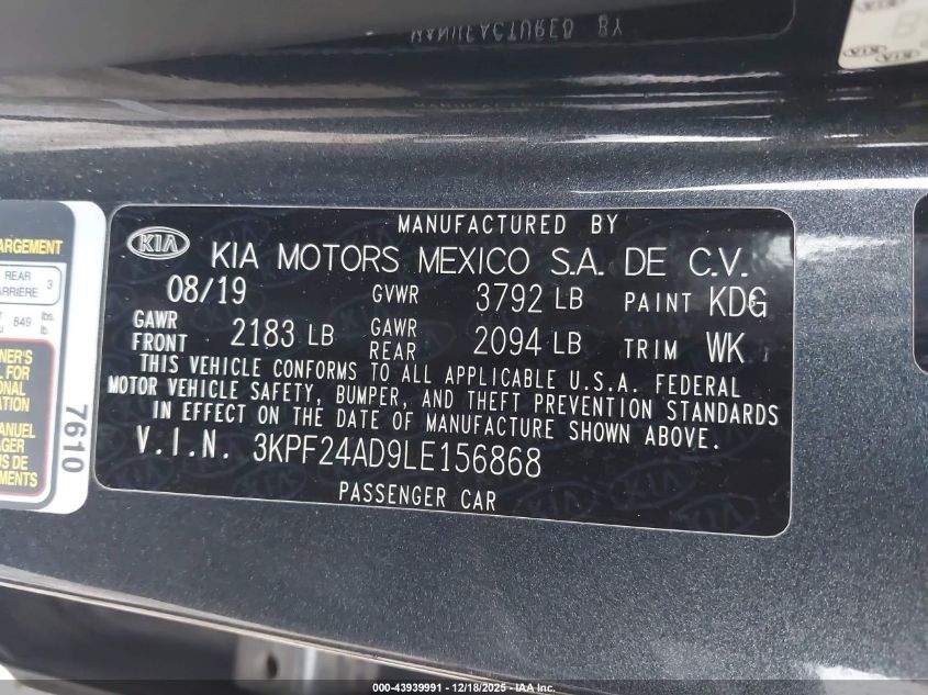 2020 Kia Forte Lxs VIN: 3KPF24AD9LE156868 Lot: 43939991