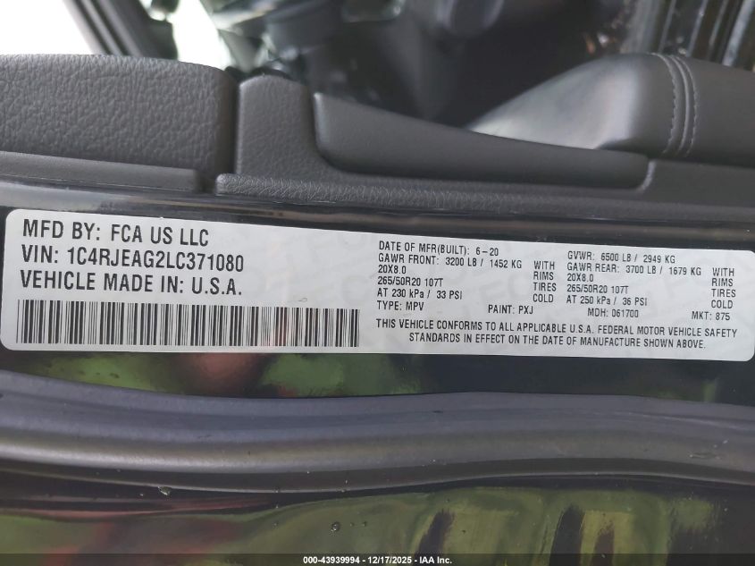 2020 Jeep Grand Cherokee Altitude 4X2 VIN: 1C4RJEAG2LC371080 Lot: 43939994