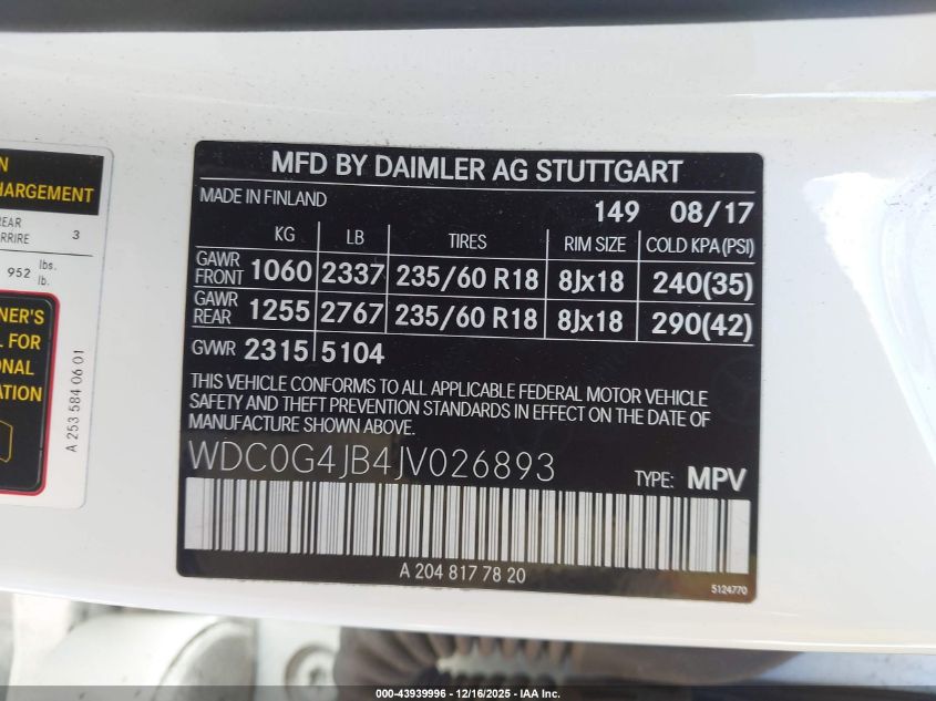 2018 Mercedes-Benz Glc 300 VIN: WDC0G4JB4JV026893 Lot: 43939996