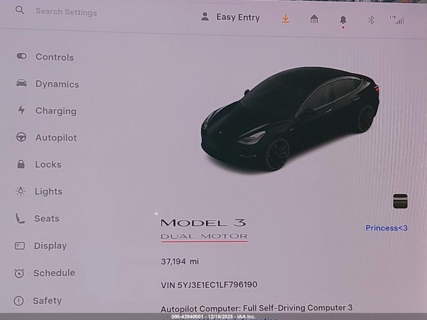 2020 Tesla Model 3 Performance Dual Motor All-Wheel Drive VIN: 5YJ3E1EC1LF796190 Lot: 43940001
