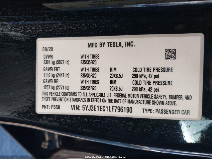 2020 Tesla Model 3 Performance Dual Motor All-Wheel Drive VIN: 5YJ3E1EC1LF796190 Lot: 43940001