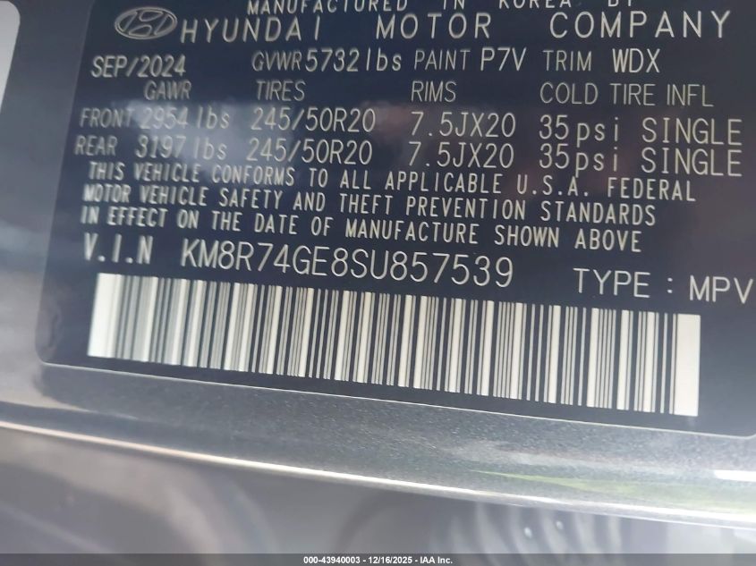2025 Hyundai Palisade Calligraphy VIN: KM8R74GE8SU857539 Lot: 43940003