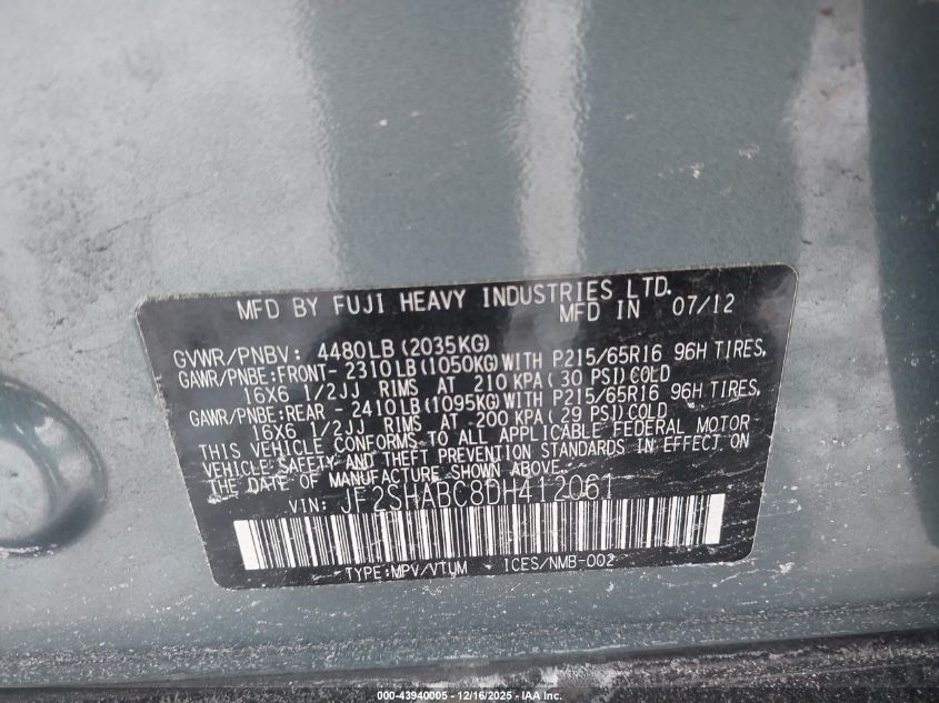 2013 Subaru Forester 2.5X VIN: JF2SHABC8DH412061 Lot: 43940005