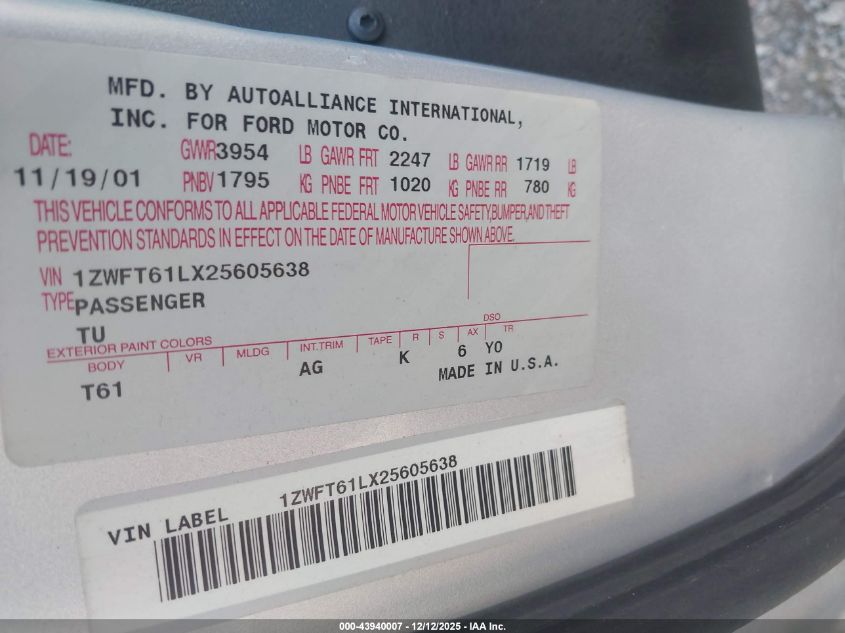 2002 Mercury Cougar V6 VIN: 1ZWFT61LX25605638 Lot: 43940007