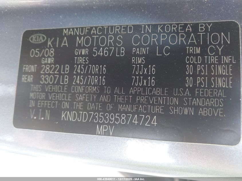 2009 Kia Sorento Lx VIN: KNDJD735395874724 Lot: 43940011