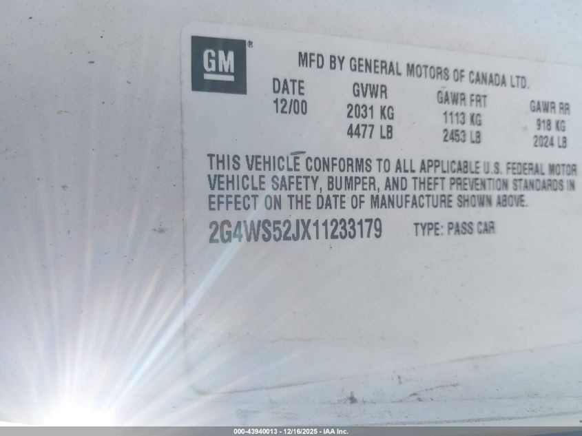 2001 Buick Century Custom VIN: 2G4WS52JX11233179 Lot: 43940013