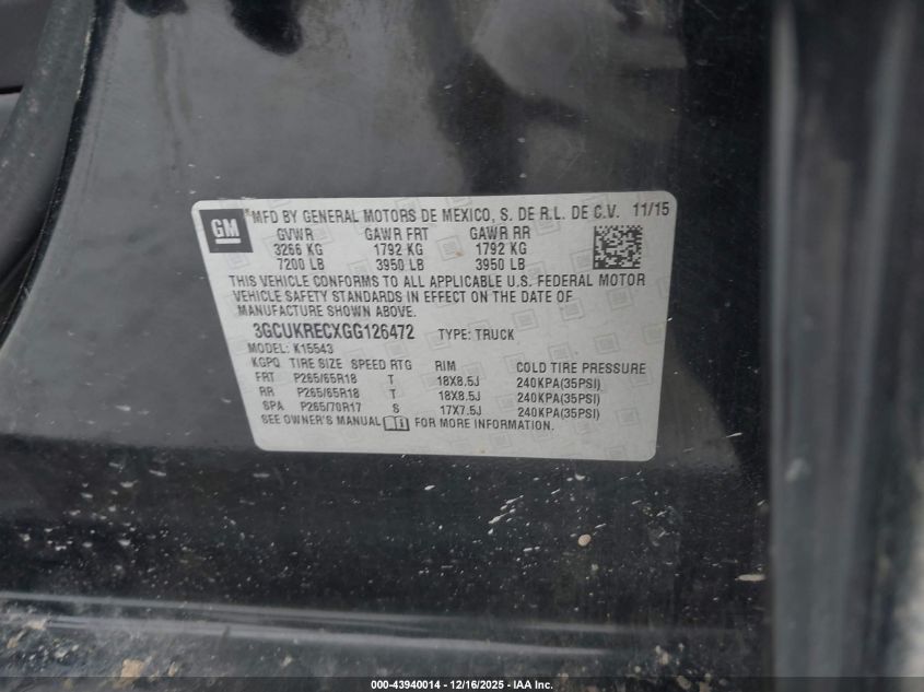 2016 Chevrolet Silverado 1500 2Lt VIN: 3GCUKRECXGG126472 Lot: 43940014