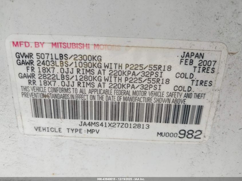 2007 Mitsubishi Outlander Xls VIN: JA4MS41X27Z012813 Lot: 43940015