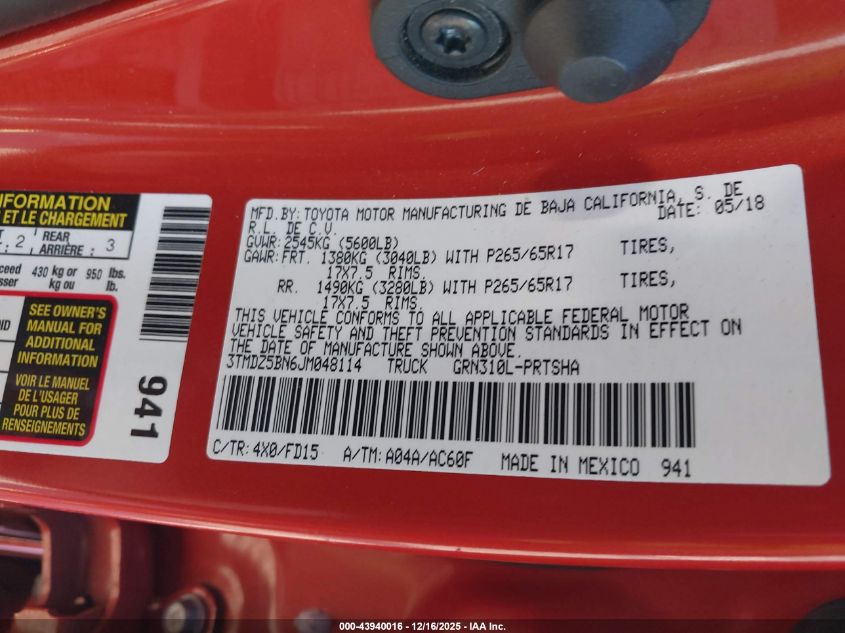 2018 Toyota Tacoma Sr5 V6/Trd Off Road/Trd Sport VIN: 3TMDZ5BN6JH848114 Lot: 43940016