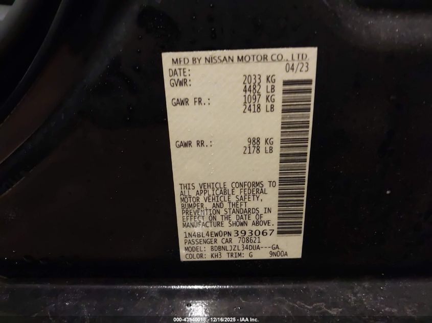 2023 Nissan Altima Sl Intelligent Awd VIN: 1N4BL4EW0PN393067 Lot: 43940018