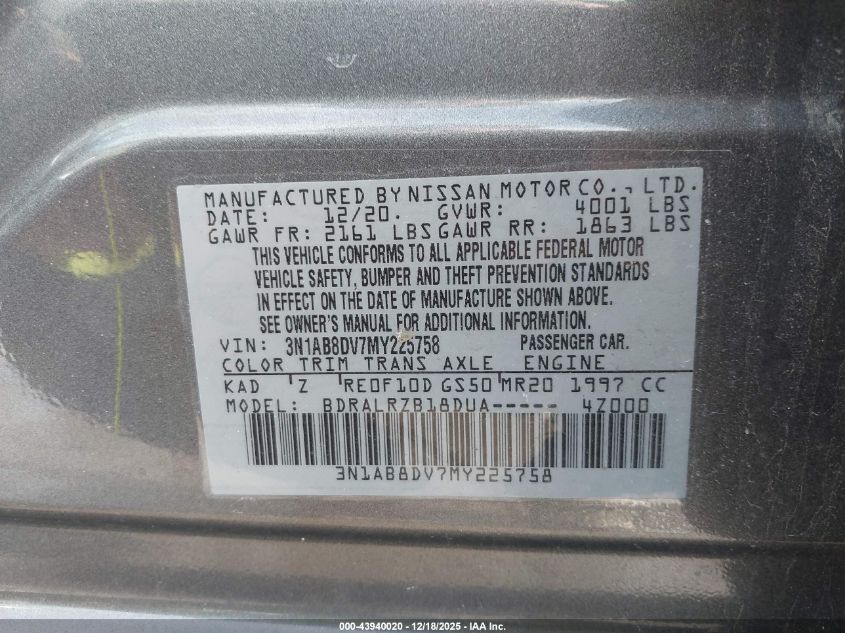 2021 Nissan Sentra Sr Xtronic Cvt VIN: 3N1AB8DV7MY225758 Lot: 43940020