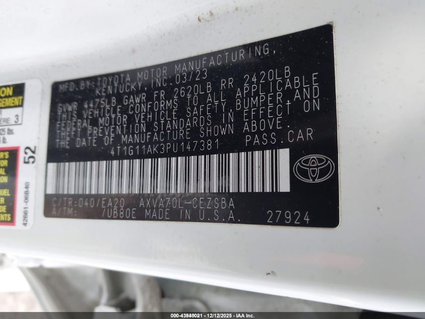 2023 Toyota Camry Se VIN: 4T1G11AK3PU147381 Lot: 43875001